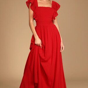 Lulus Little Love Red Swiss Dot Backless Ruffled Maxi Dress - Size M